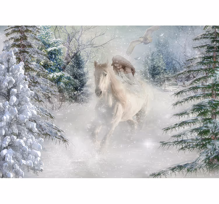 Persiana enrollable blanca fotomural de caballos en la nieve - TenVinilo
