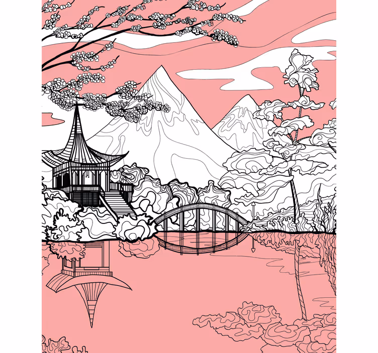 Estor dibujos Montañas japonesas y ramas - TenVinilo