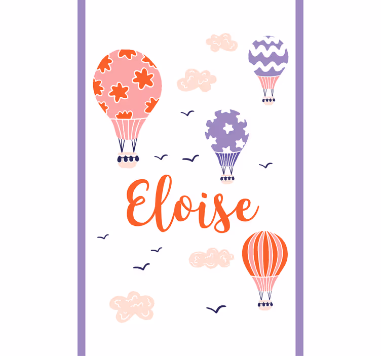 Estor dibujos Globos rosados y morados con nubes y pájaros. - TenVinilo