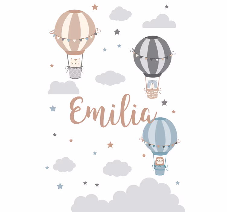 Estor habitación infantil con nombre y globos gris pastel - TenVinilo