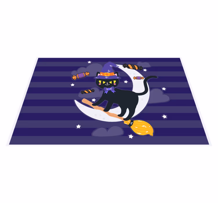 Mantel individual halloween gato embrujado en escoba - TenVinilo