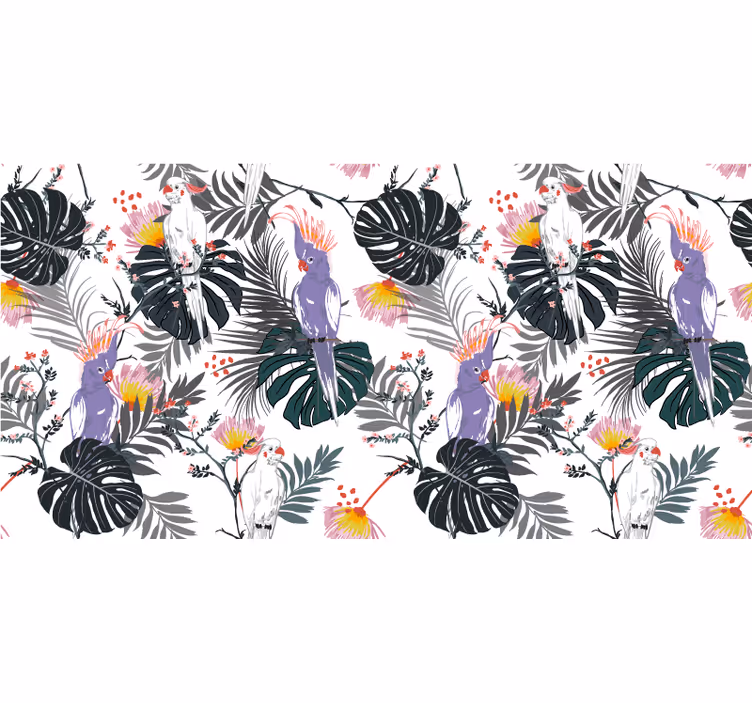 Mural de selva con loros rojos y morados en hojas tropicales - TenVinilo
