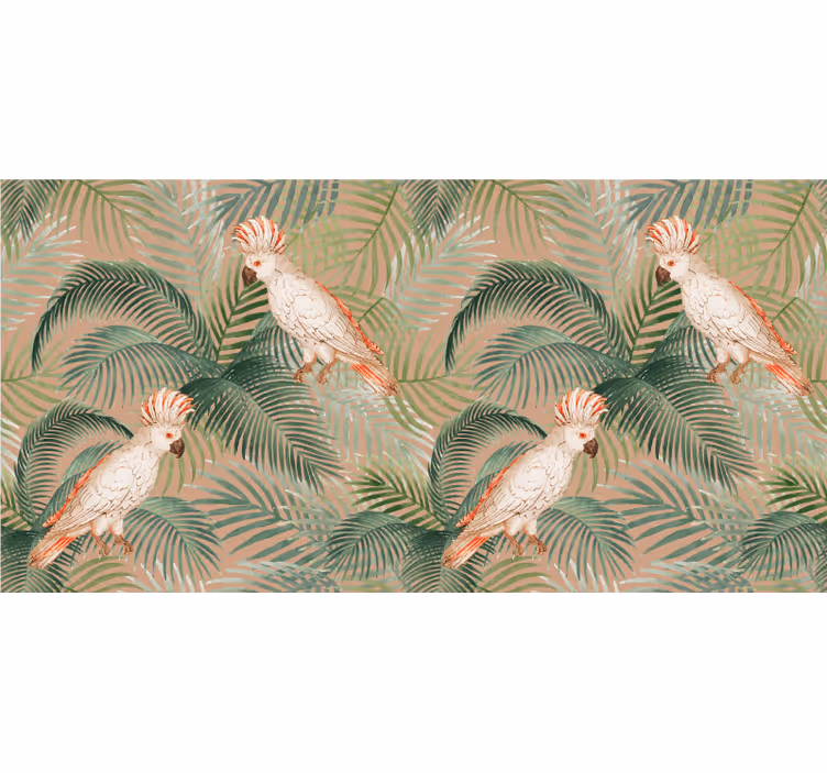 Mural de selva con loros blancos sobre palmas beige - TenVinilo