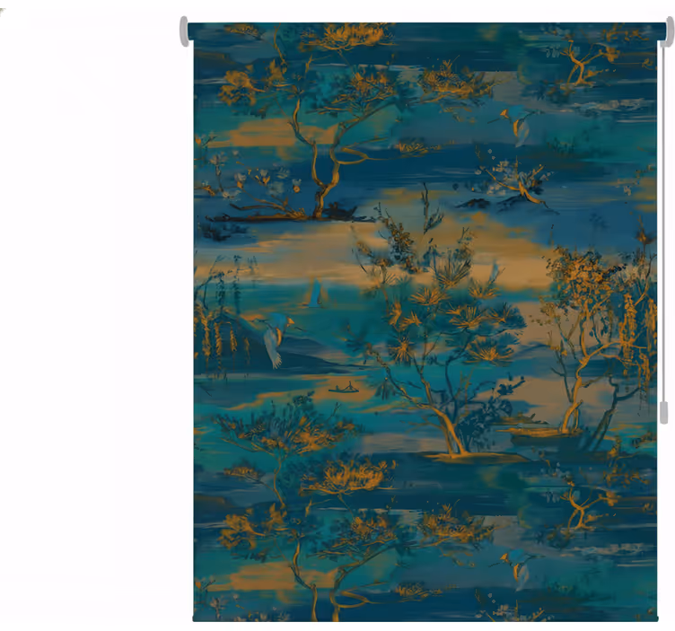 Mural baño paisaje asiático azul y dorado - TenVinilo