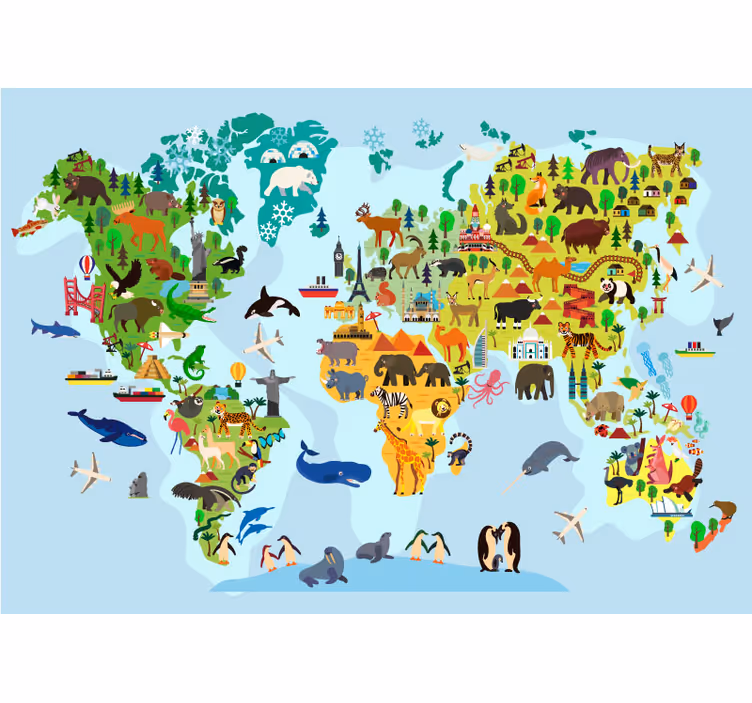 mural Mapamundi infantil monumentos y animales - TenVinilo