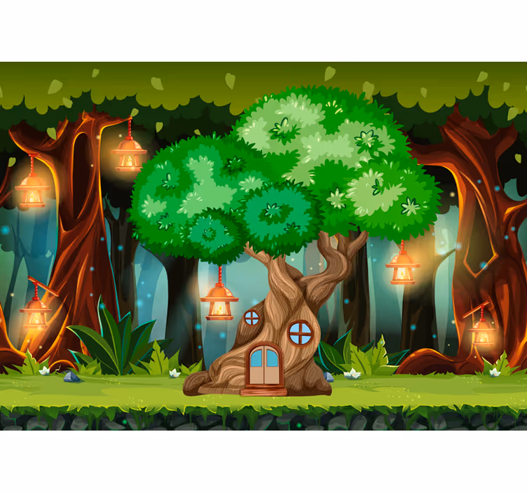 Murales infantiles Casa de árbol de fantasía con linternas - TenVinilo