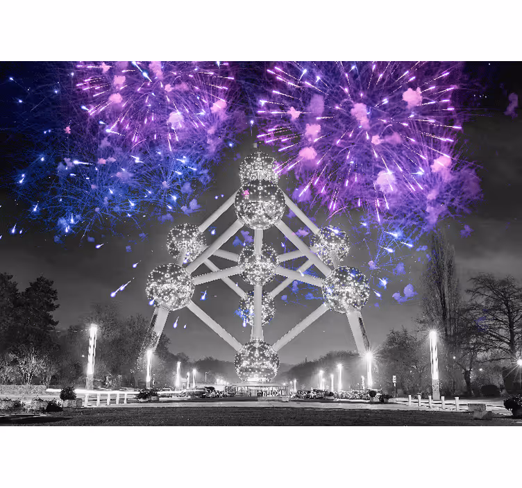 Mural ciudad espectáculo de fuegos artificiales del atomium - TenVinilo