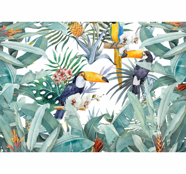 Fotomural de bosque Selva pintada con pájaros - TenVinilo