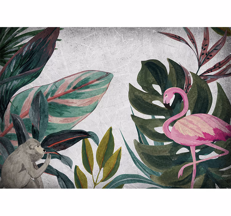 Fotomural naturaleza Hojas tropicales con monos y flamencos. - TenVinilo