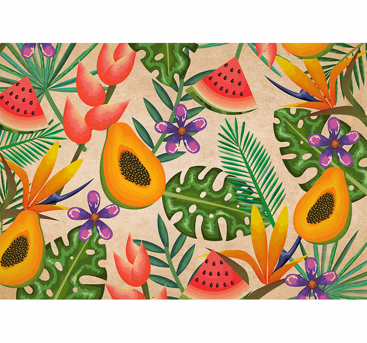 Mural de flores con patrones de frutas tropicales - TenVinilo