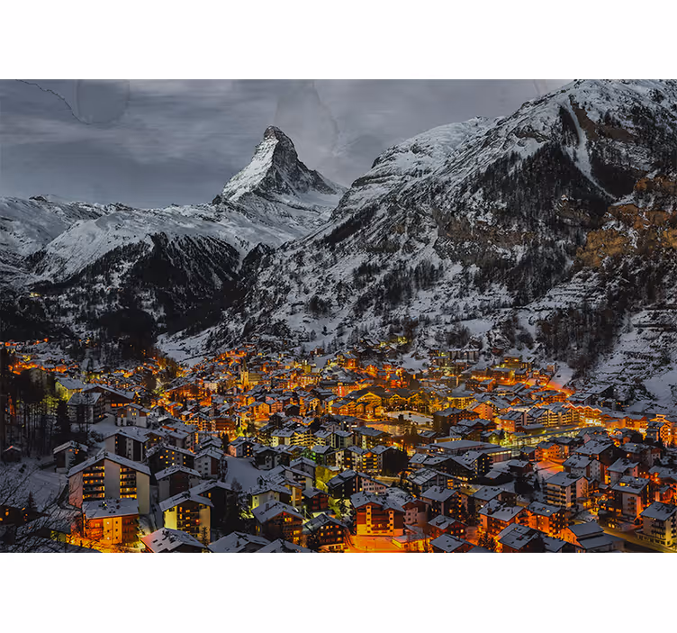 Mural de montañas pueblo alpino nevado - TenVinilo