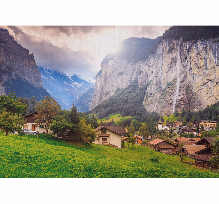Fotomural naturaleza Casitas junto a la montaña - TenVinilo