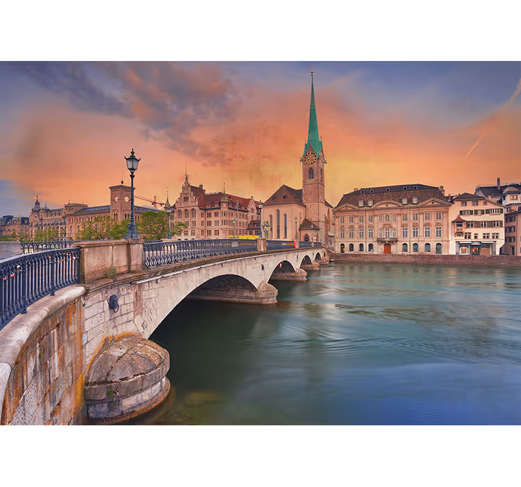 Mural ciudad puente de zúrich al atardecer - TenVinilo