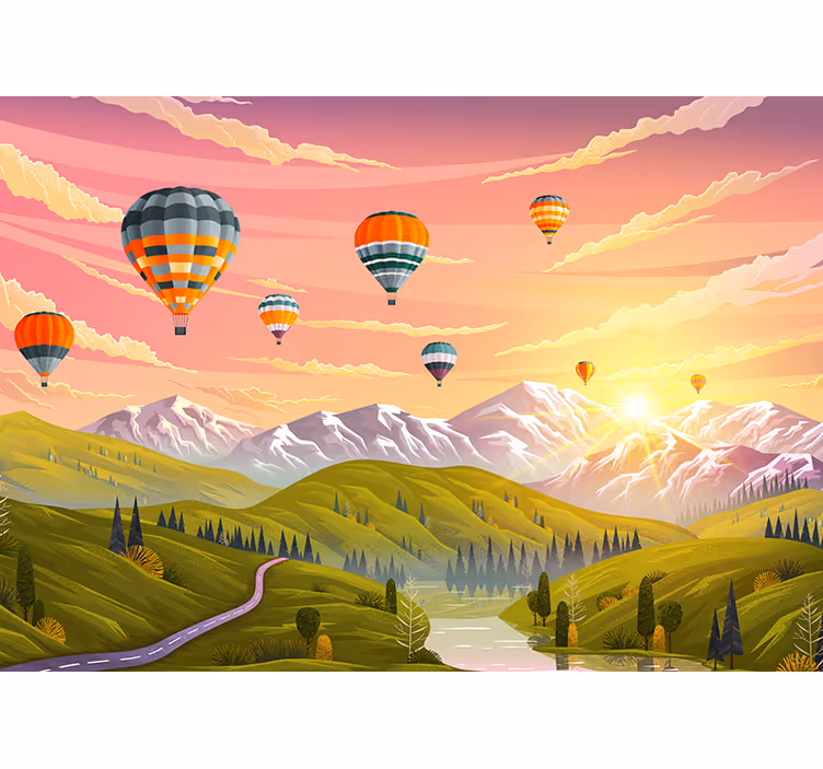 Mural infantil Coloridos globos aerostáticos en la montaña - TenVinilo