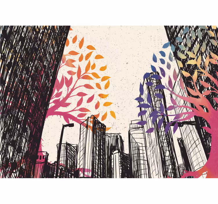 Mural ciudad paisaje urbano con árboles coloridos - TenVinilo