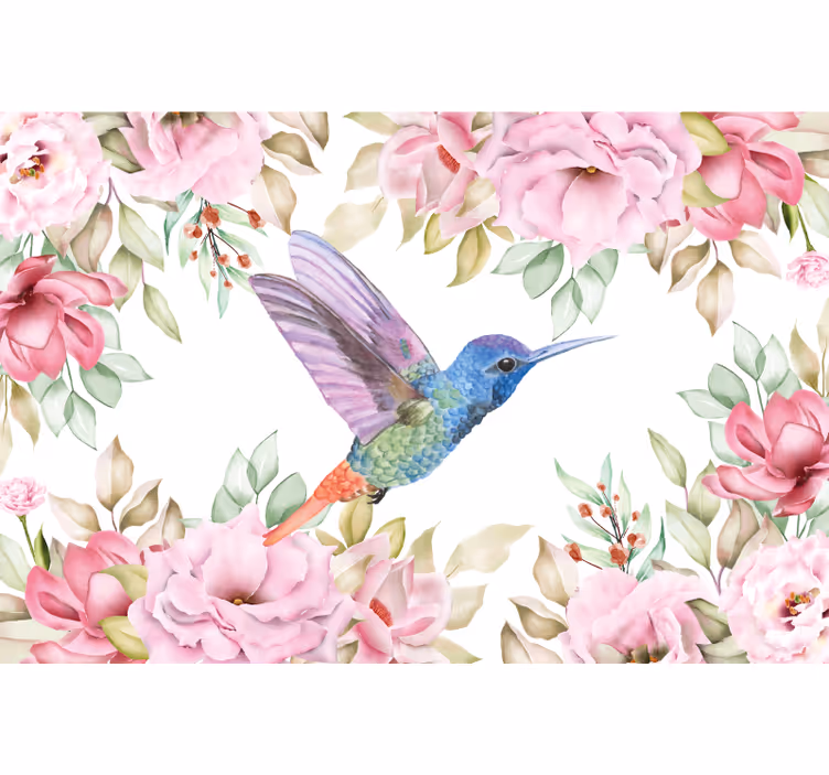 Mural de flores colibrí entre flores - TenVinilo