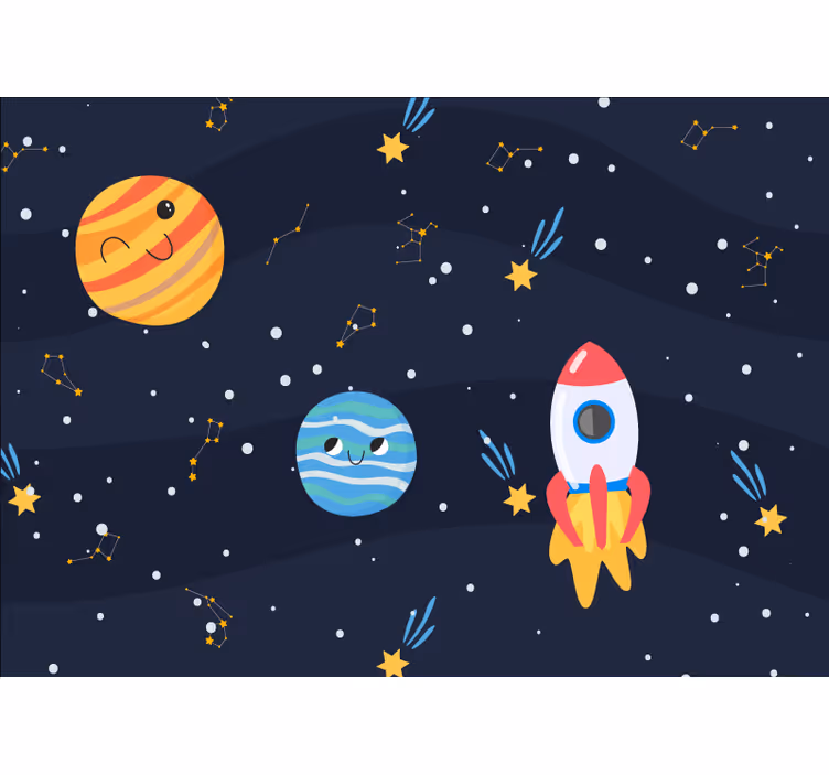 Mural infantil Galaxia con naves espaciales y planetas. - TenVinilo