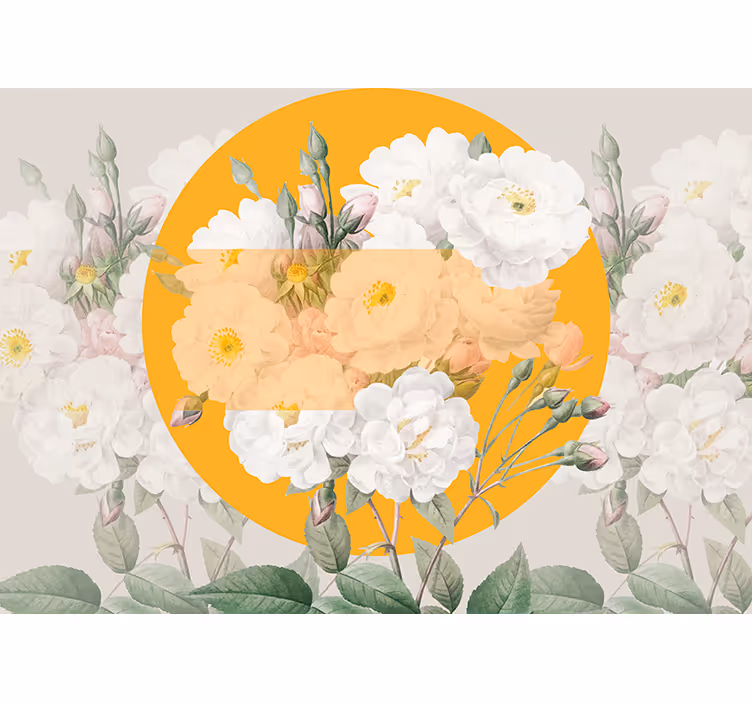 Fotomural flores Plantas blancas con un círculo amarillo - TenVinilo