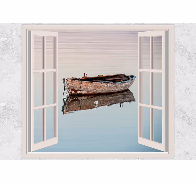 Mural de lago reflejo de bote rústico - TenVinilo