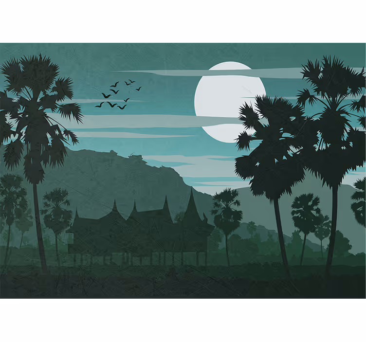 Mural de bosque palmeras iluminadas por la luna - TenVinilo