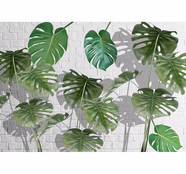 Mural para salón Hojas de plátano con pared de ladrillo blanco - TenVinilo