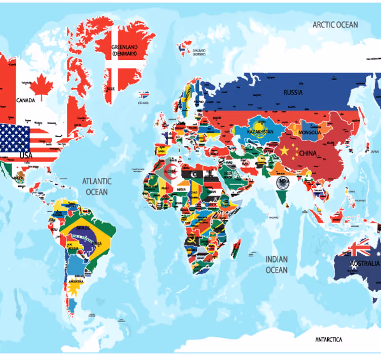 mural mapamundi Mapa del mundo con banderas - TenVinilo
