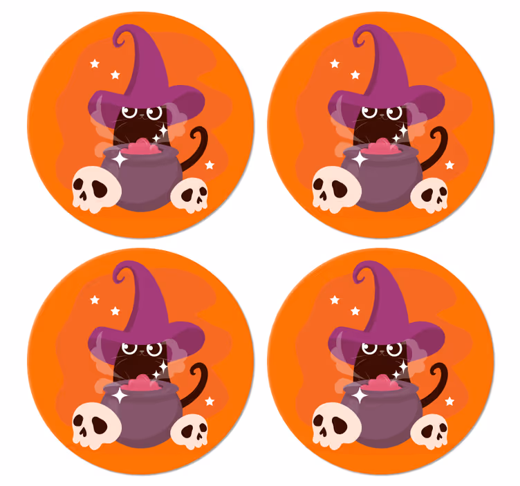 Gato bruja sombrero ilustración halloween posavasos - TenVinilo