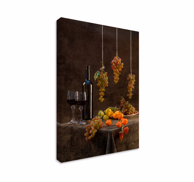 Cuadro bodegones Uvas colgando y vino. - TenVinilo