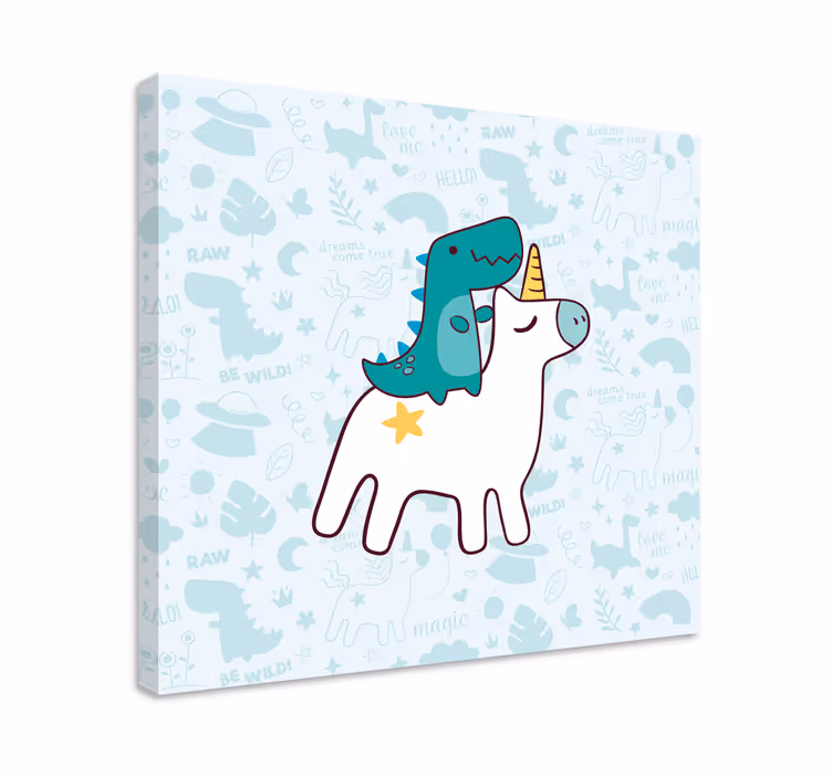 Cuadro de unicornios dinosaurio montando un unicornio - TenVinilo