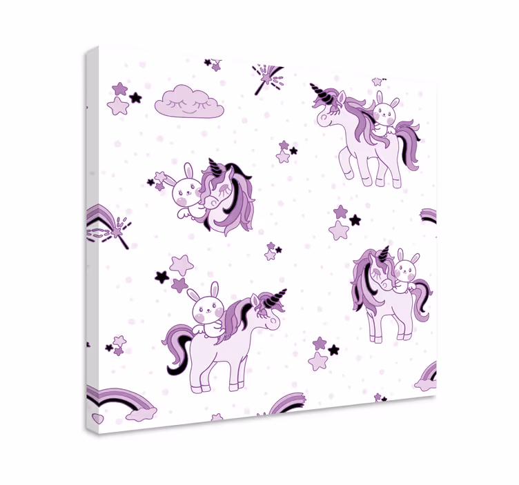 Cuadro infantil Unicornio y conejo alrededor de estrellas. - TenVinilo