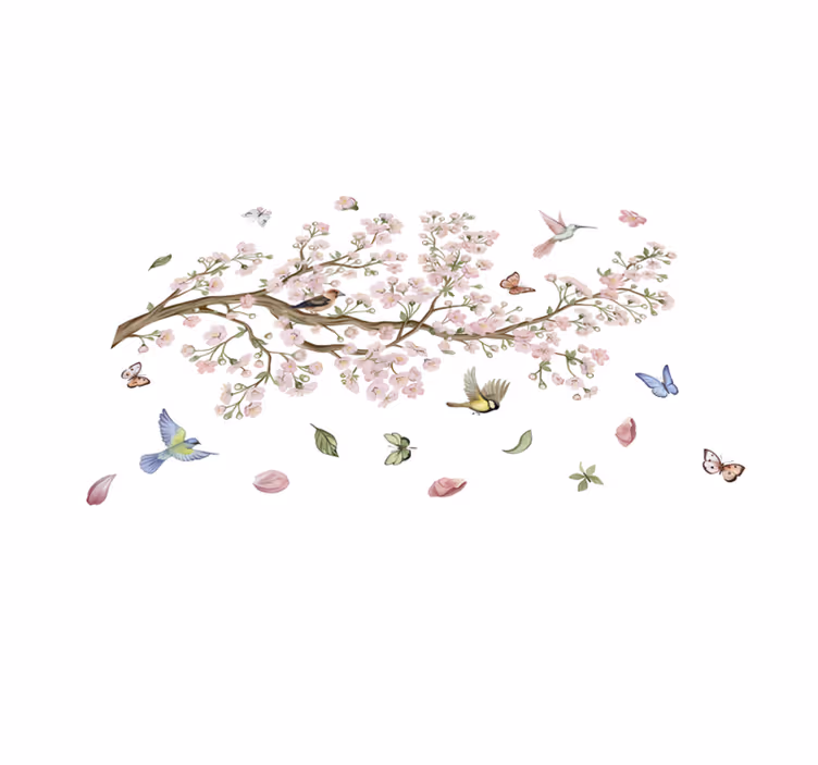 Alfombra vinílica flores cerezo en flor con pájaros - TenVinilo