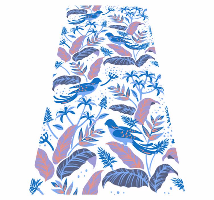 Alfombra vinílica flores aves rosas y azules sobre hojas - TenVinilo