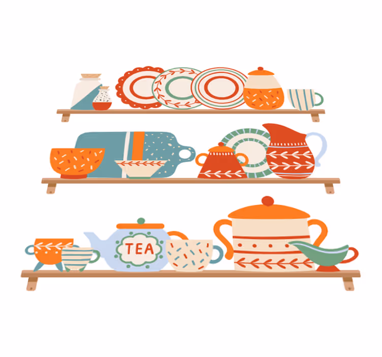Alfombra vinílica cocina utensilios de mesa en estante - TenVinilo