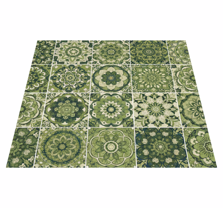 Alfombra vinílica cocina efecto caleidoscopio verde musgo - TenVinilo