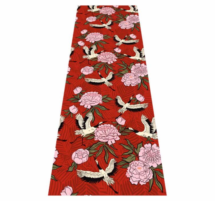 Alfombra vinílica dormitorio aves blancas sobre fondo rojo - TenVinilo