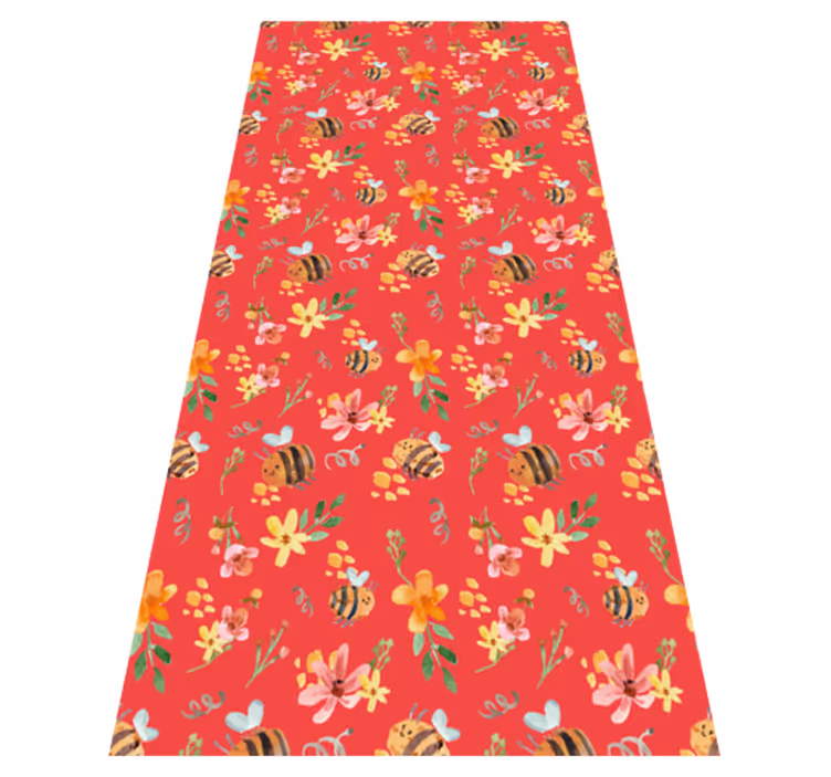 Alfombra vinílica salón retro abejas y flores - TenVinilo