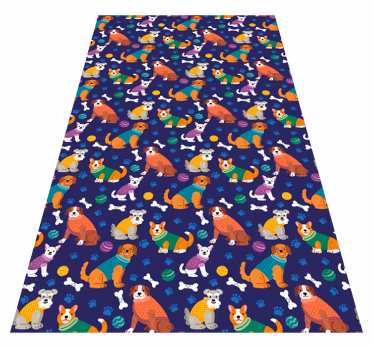 Alfombra vinílica morada con patrón de perros coloridos - TenVinilo