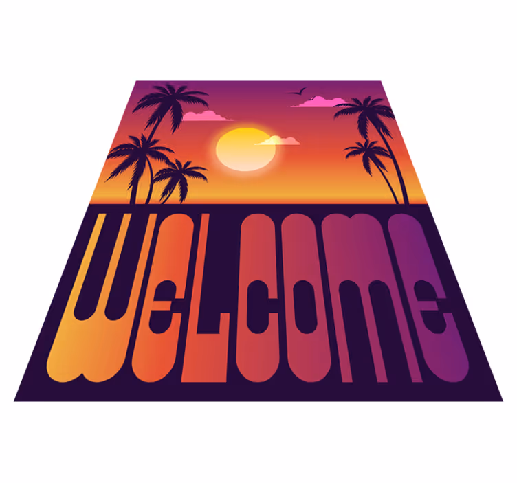 Alfombra vinílica con frase bienvenida al atardecer tropical - TenVinilo