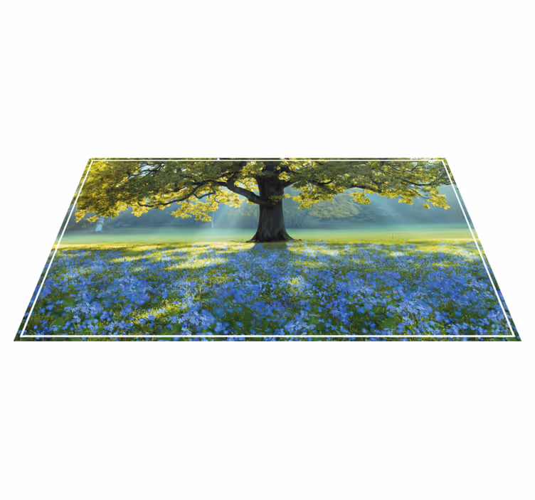 Alfombra vinilo pasillo Flores azules y un arbol - TenVinilo