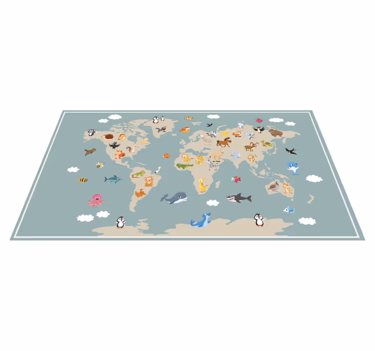 Alfombra de vinilo mapamundi Continentes beige con dibujos animad - TenVinilo