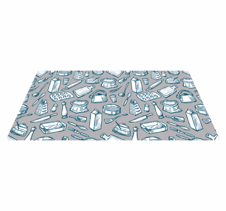 Alfombra vinilo cocina Utensilios sobre fondo gris - TenVinilo