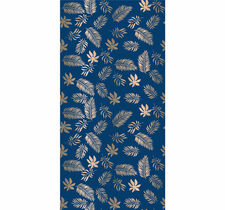 Papel tapiz hojas patrón dorado sobre fondo azul marino. - TenVinilo