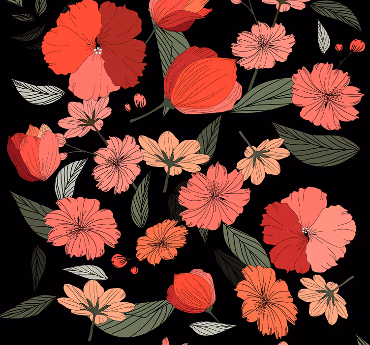 Papel tapiz flores motivo de patrón negro - TenVinilo