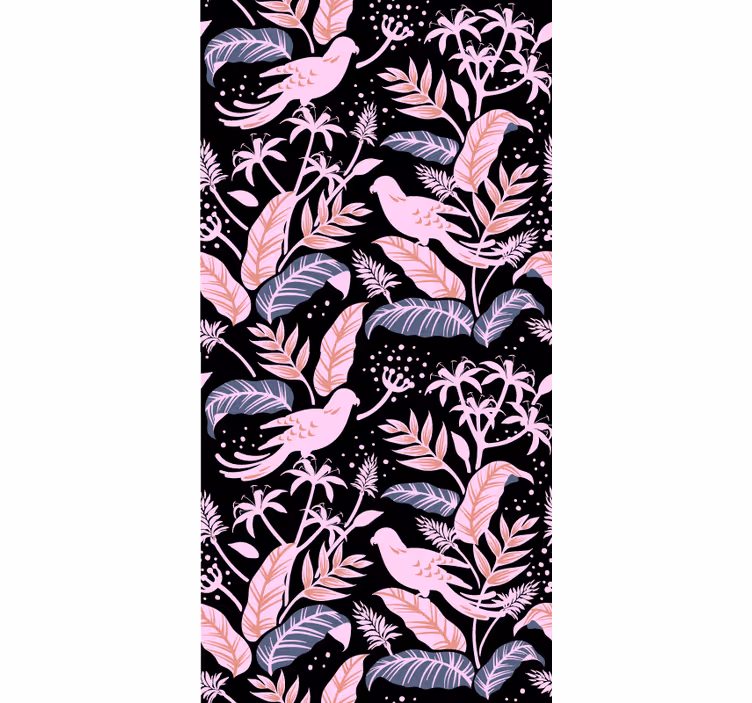 Papel tapiz infantil aves negras y rosas sobre hojas - TenVinilo