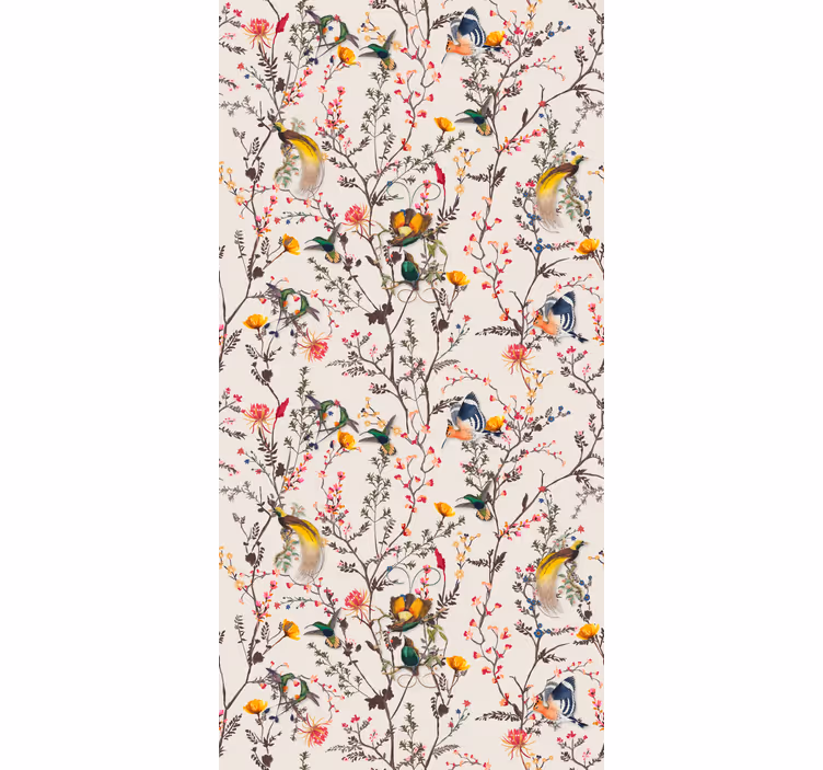 Papel tapiz árboles aves y flores - TenVinilo