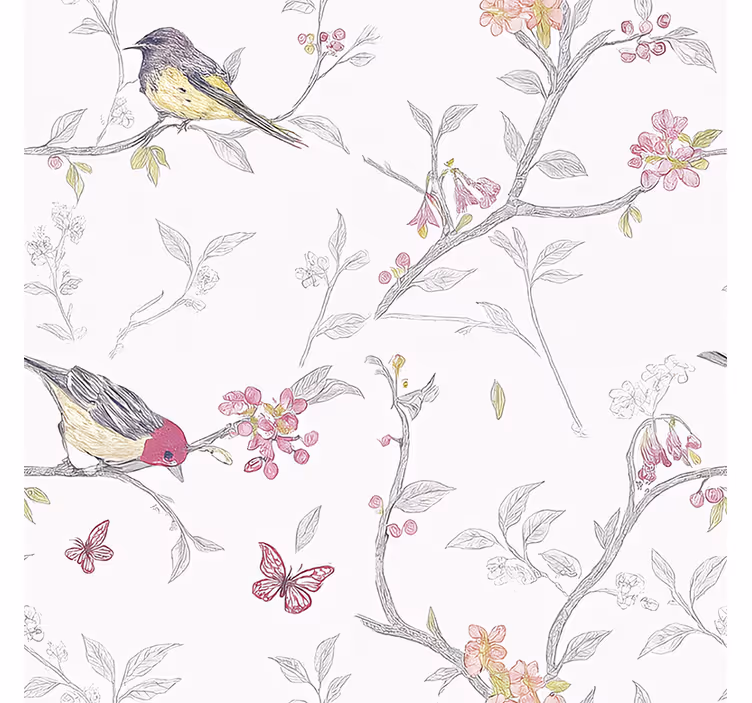 Papel tapiz recámara matrimonial pájaros en ramas - TenVinilo