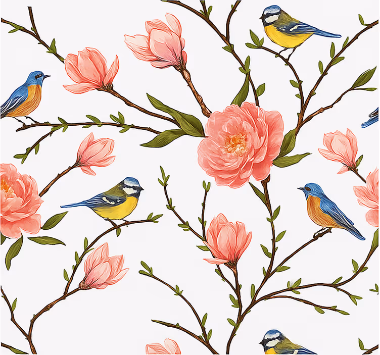 Papel tapiz pájaros canción de primavera y peonía - TenVinilo