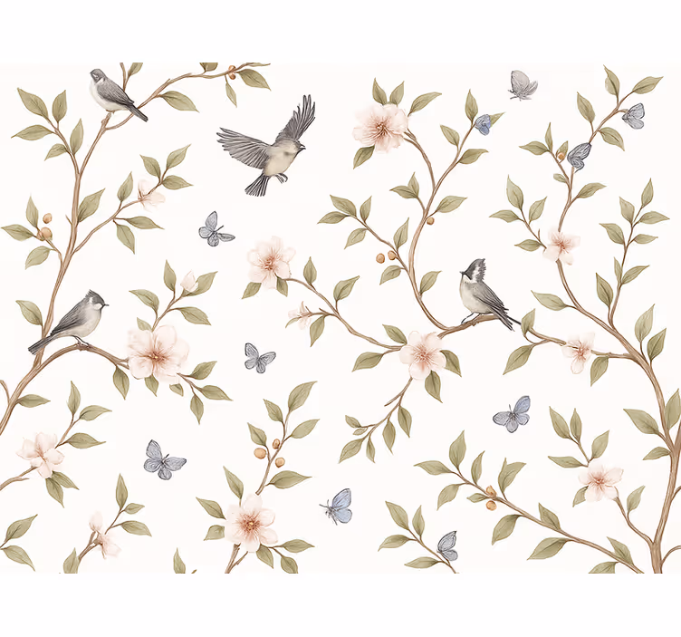 Papel tapiz pájaros floración vintage - TenVinilo