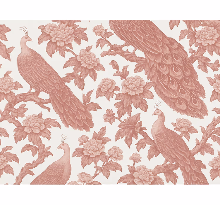 Papel tapiz recámara matrimonial patrón de pavos rosas - TenVinilo