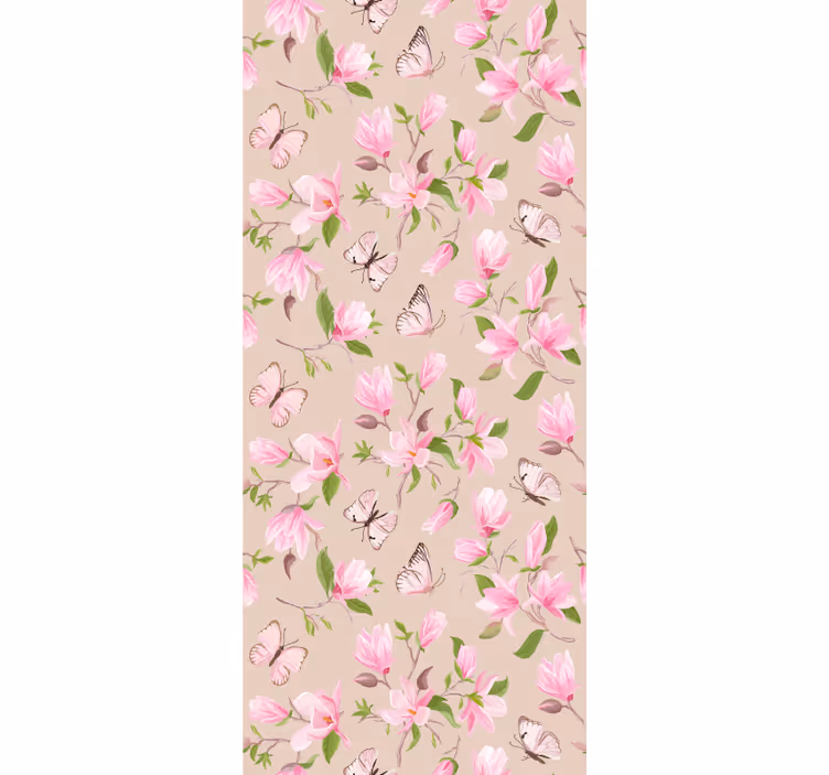 Papel tapiz floral diseño de magnolia rosa y mariposas - TenVinilo